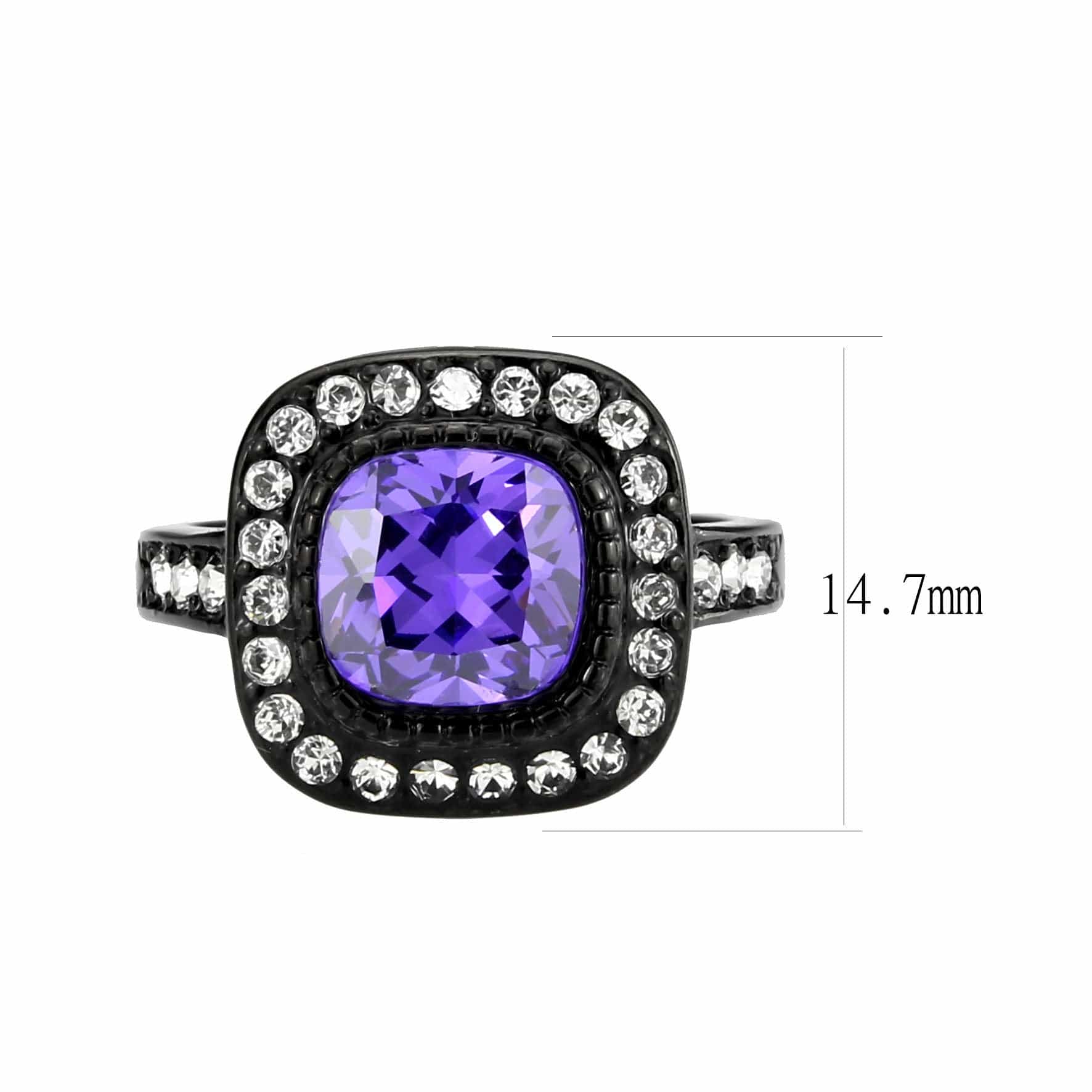 Stainless Steel Dark IP Amethyst CZ Cushion Double Halo Ring view 3