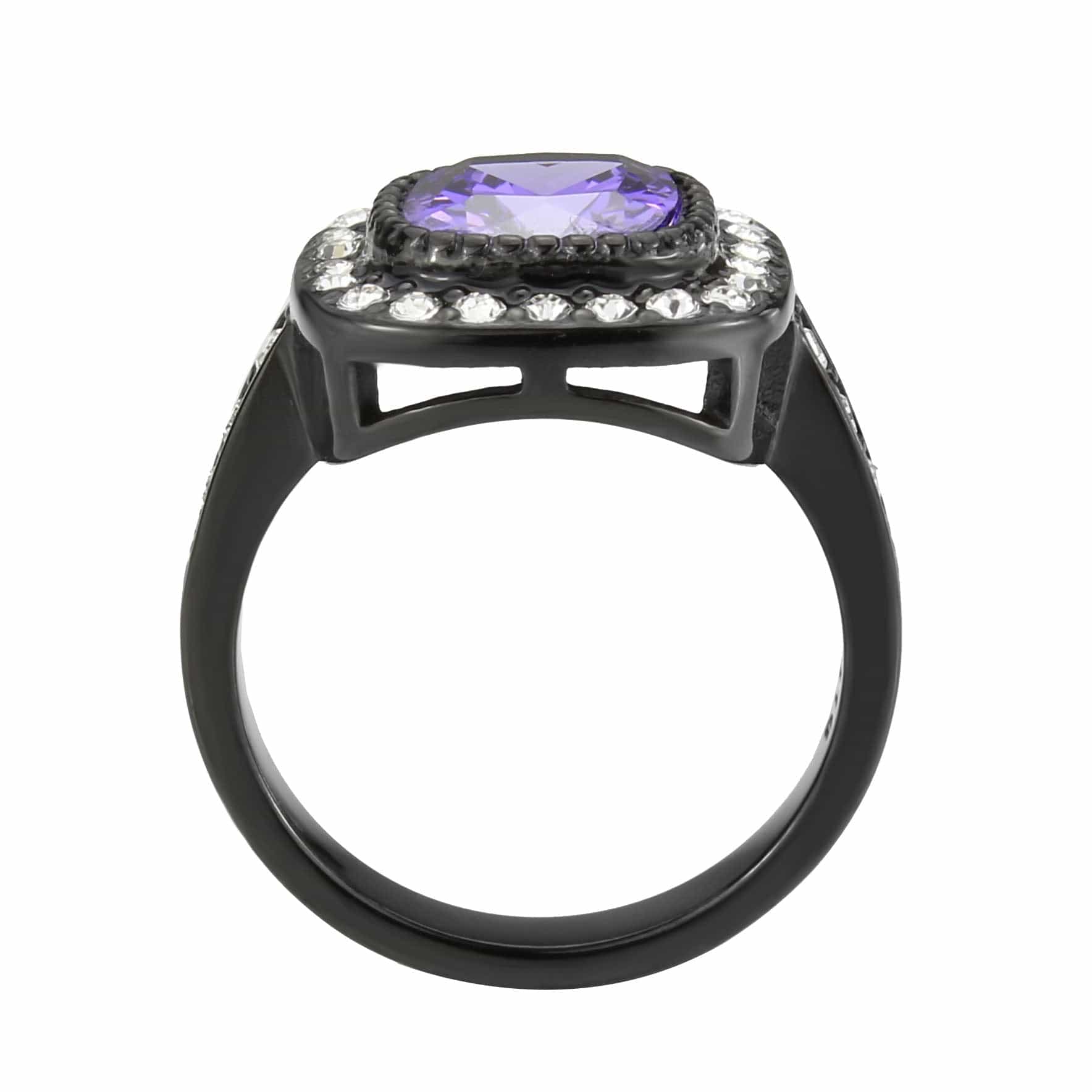 Stainless Steel Dark IP Amethyst CZ Cushion Double Halo Ring view 5
