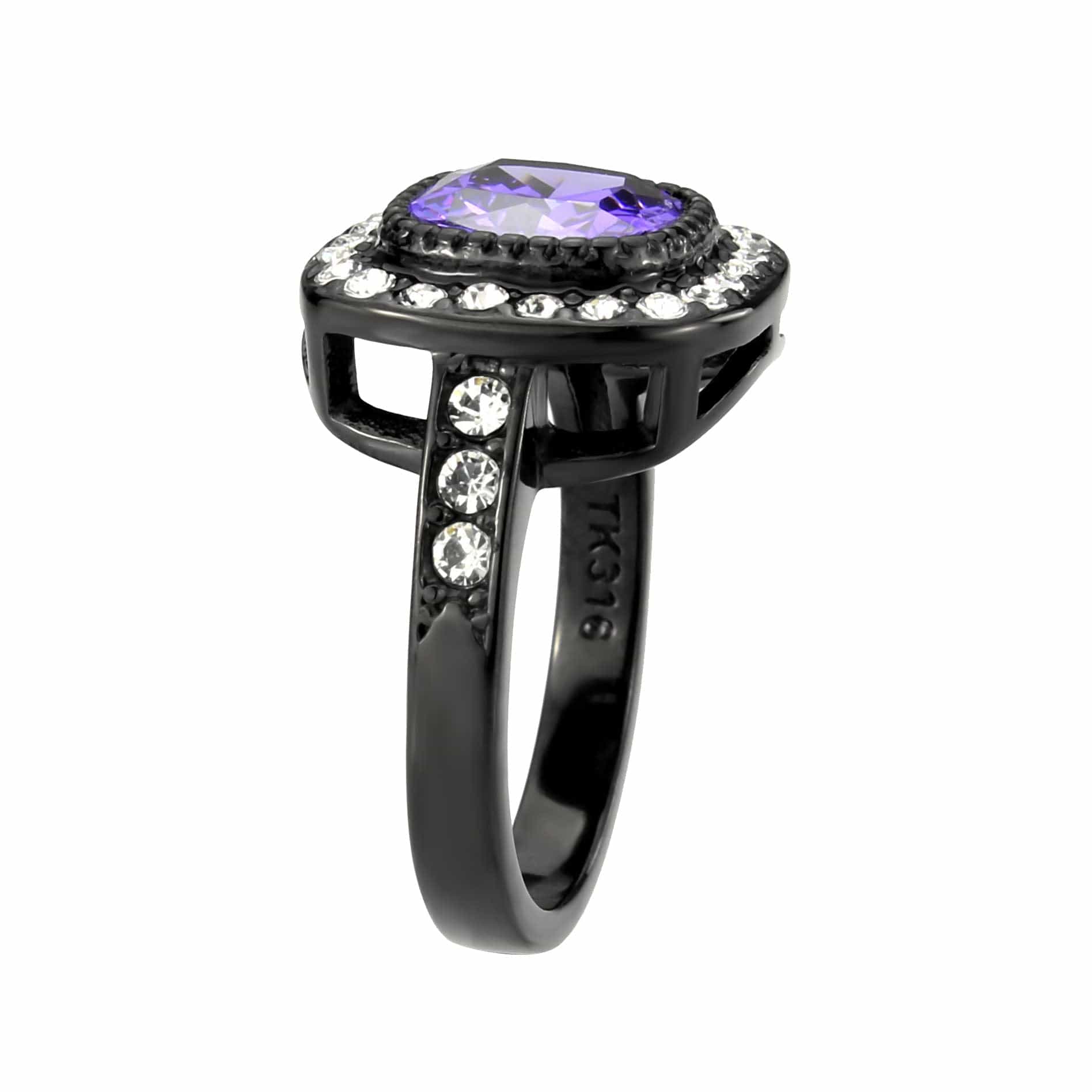 Stainless Steel Dark IP Amethyst CZ Cushion Double Halo Ring view 7