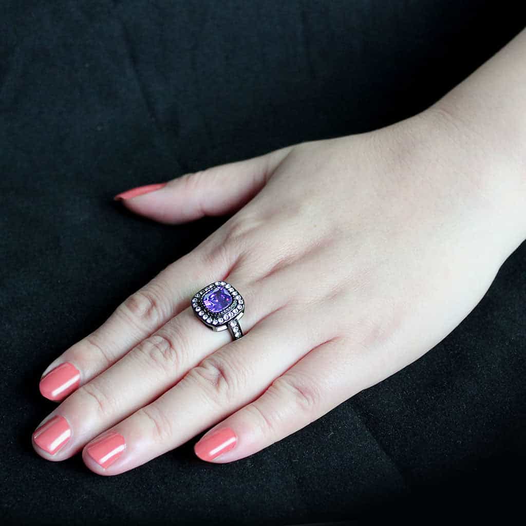 Stainless Steel Dark IP Amethyst CZ Cushion Double Halo Ring view 9