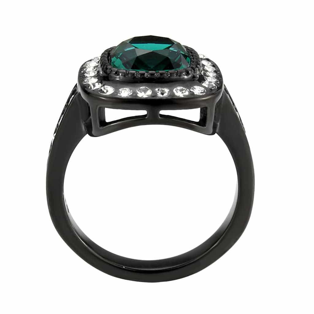 Stainless Steel Dark IP Emerald Green CZ Cushion Halo Ring view 5