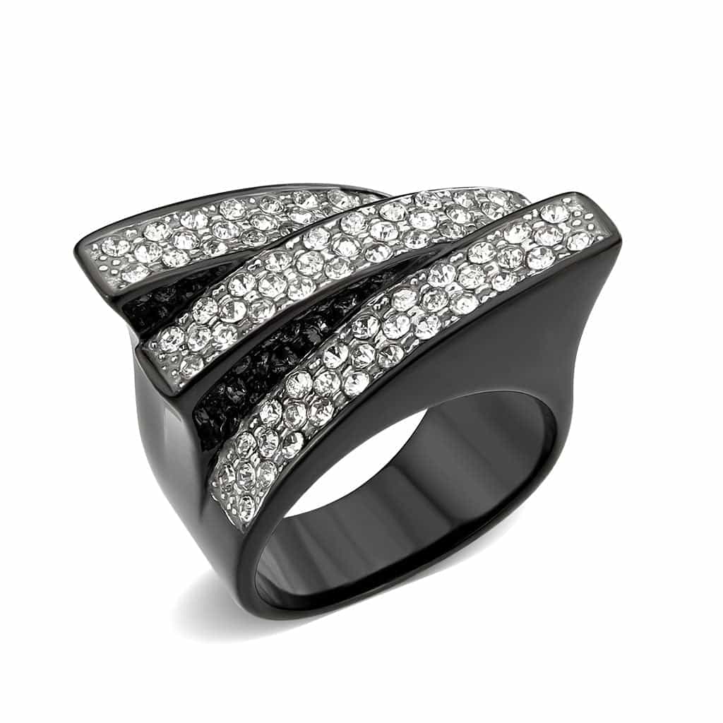 Stainless Steel Dark IP CZ Pave Diagonal Stripe Wide Dome Ring view 1