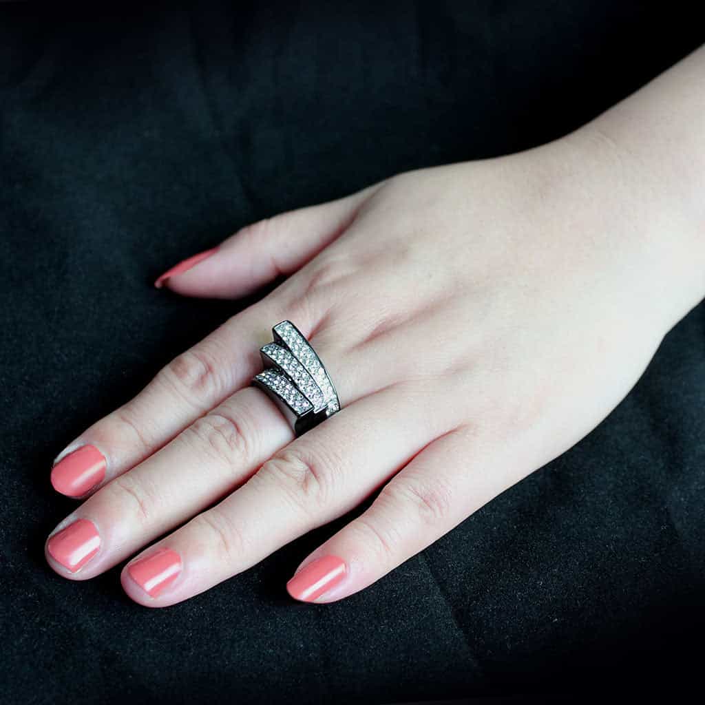 Stainless Steel Dark IP CZ Pave Diagonal Stripe Wide Dome Ring view 9