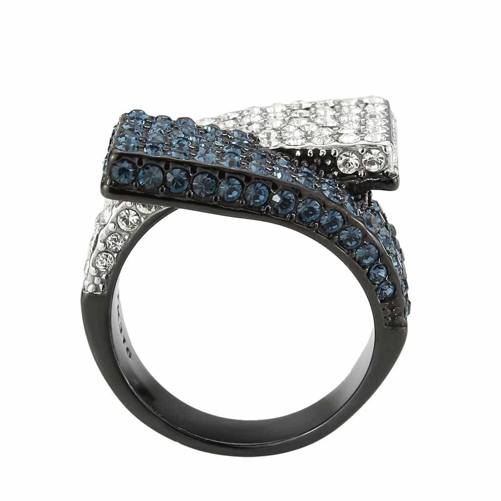 Stainless Steel Dark IP Blue Crystal Pave Stripe Wide Dome Ring view 5