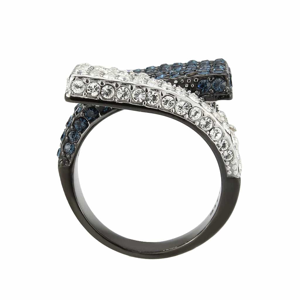Stainless Steel Dark IP Blue Crystal Pave Stripe Wide Dome Ring view 7