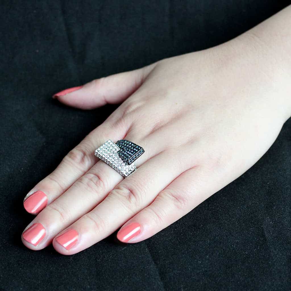 Stainless Steel Dark IP Blue Crystal Pave Stripe Wide Dome Ring view 13