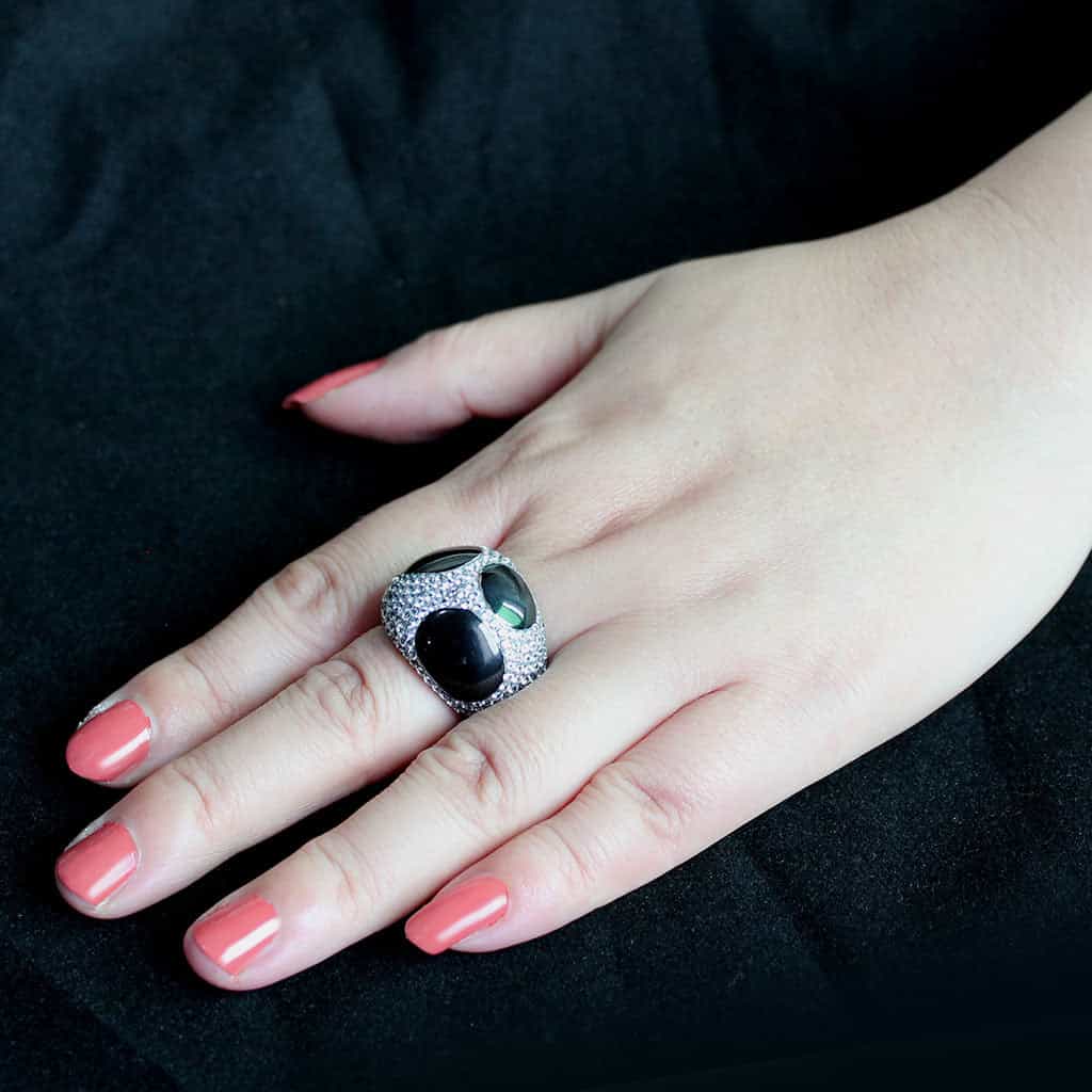 Stainless Steel Dark IP Black Enamel CZ Pave Dome Cocktail Ring view 9