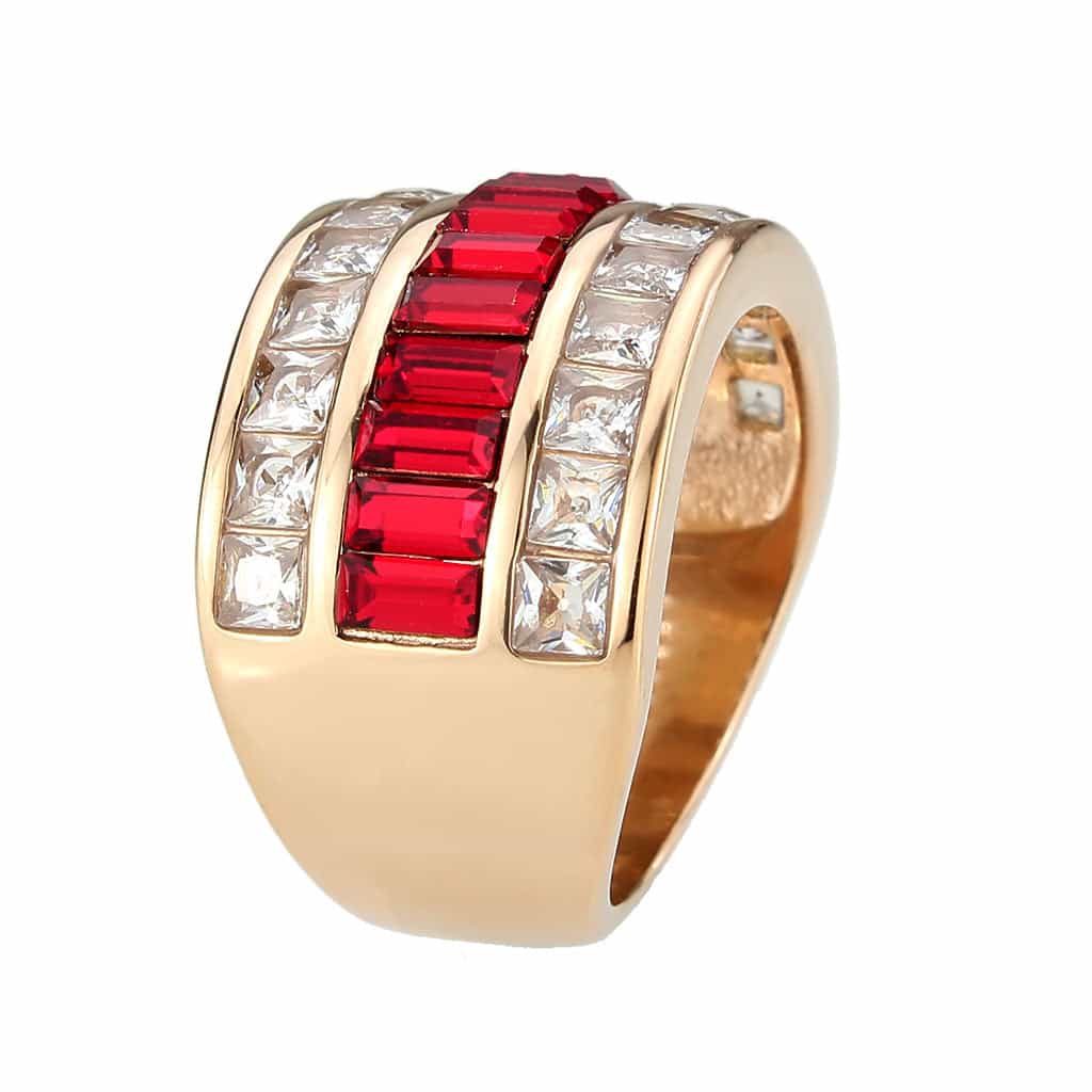 Stainless Steel Rose Gold IP Red Crystal Princess CZ Channel Ring view 7