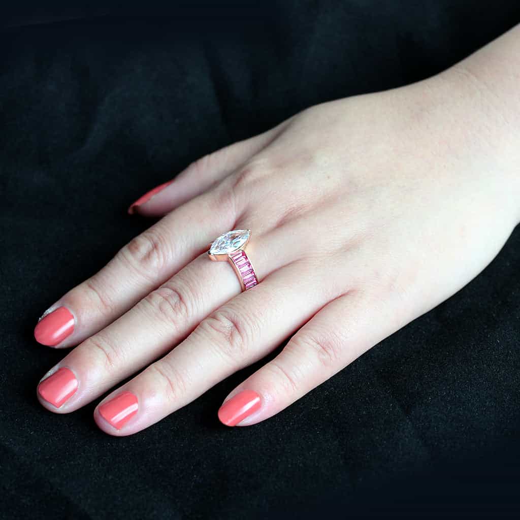 Stainless Steel Rose Gold IP CZ Marquise Pink Baguette Ring view 9