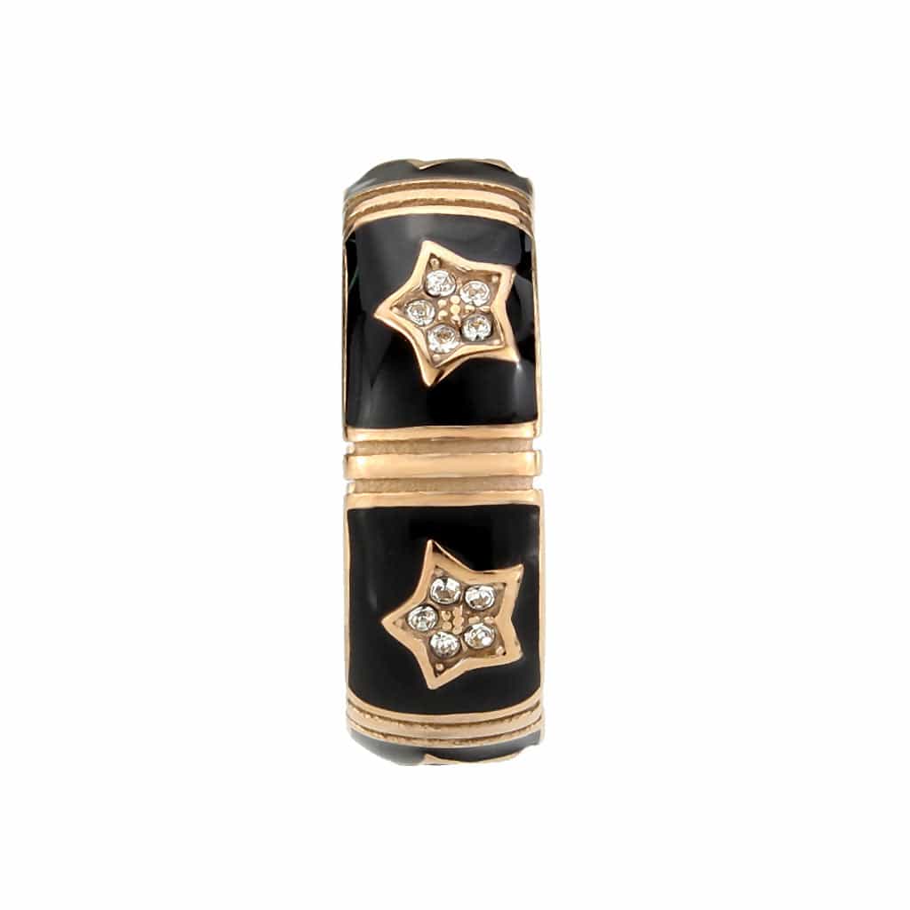 Stainless Steel Rose Gold IP Black Enamel CZ Star Motif Band Ring view 7