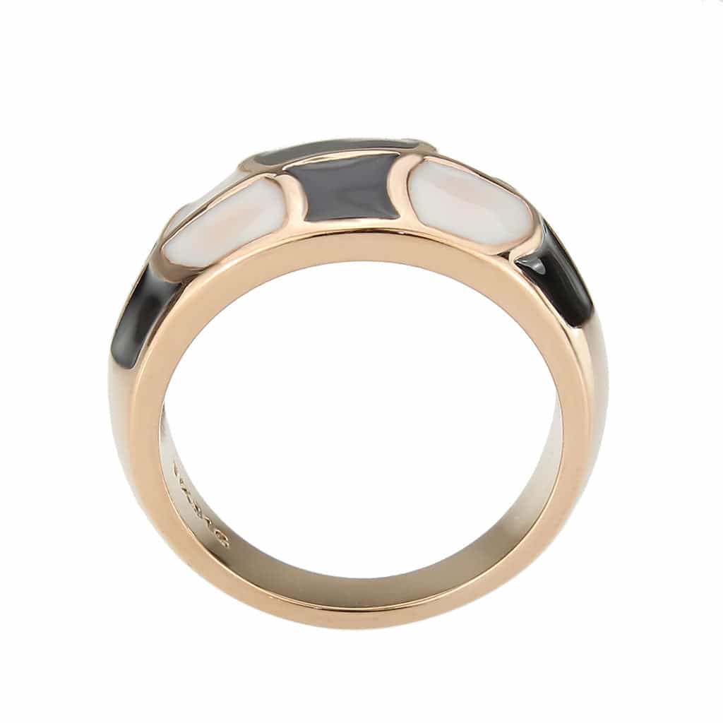 Stainless Steel Rose Gold IP Black White Enamel Geometric Ring view 5