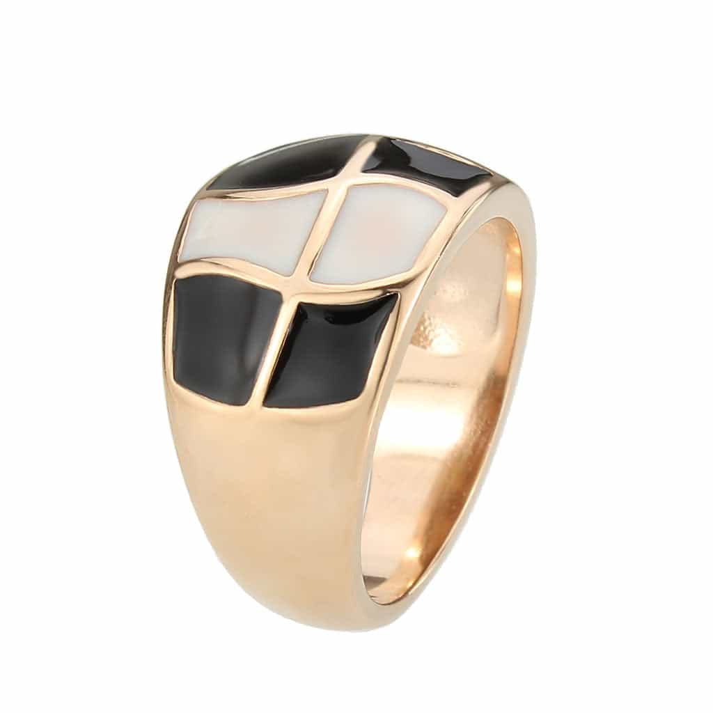 Stainless Steel Rose Gold IP Black White Enamel Geometric Ring view 7