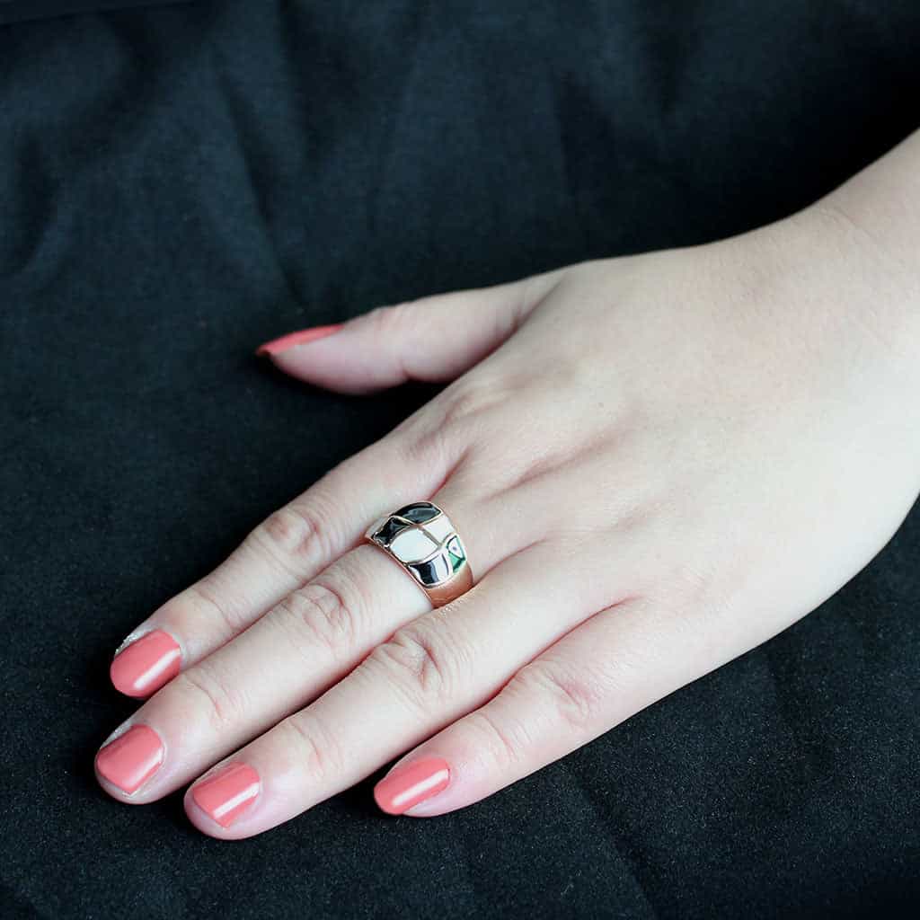 Stainless Steel Rose Gold IP Black White Enamel Geometric Ring view 9
