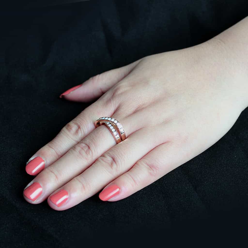 Stainless Steel Rose Gold IP Opal Crystal X Crossover Ring view 9