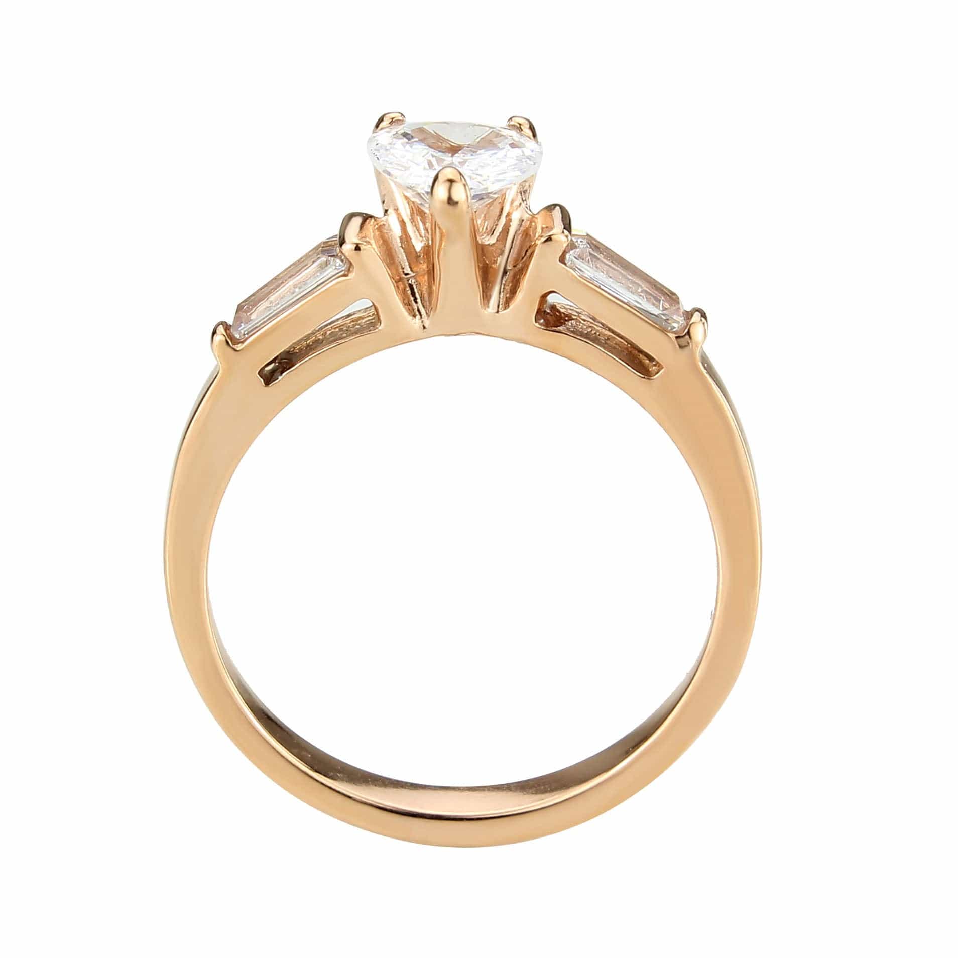 Stainless Steel Rose Gold IP CZ Round Baguette Solitaire Ring view 3