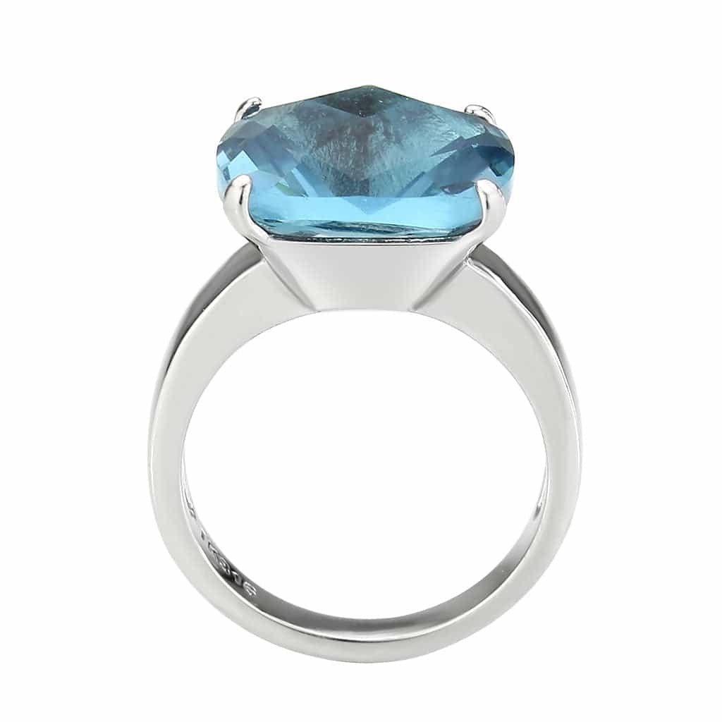 Stainless Steel Silver Aquamarine Crystal Cushion Solitaire Ring view 5