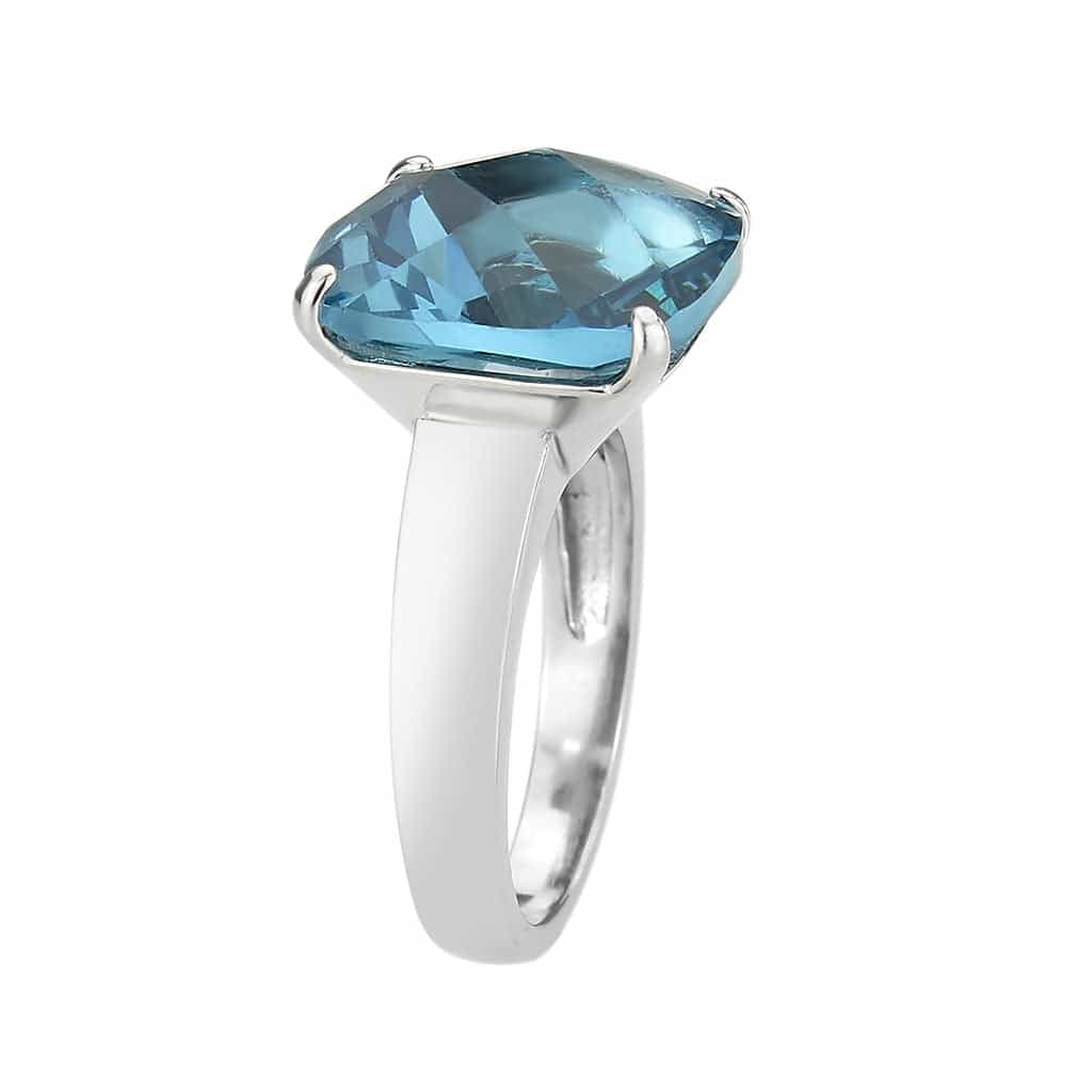 Stainless Steel Silver Aquamarine Crystal Cushion Solitaire Ring view 7