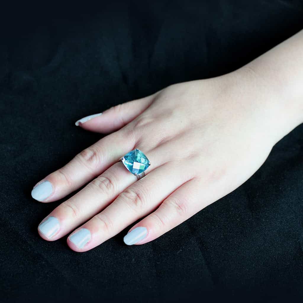 Stainless Steel Silver Aquamarine Crystal Cushion Solitaire Ring view 9