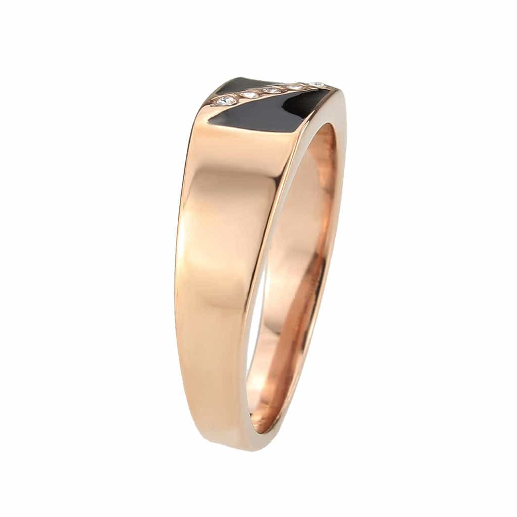 Stainless Steel Rose Gold IP Black Enamel CZ Diagonal Mens Ring view 7