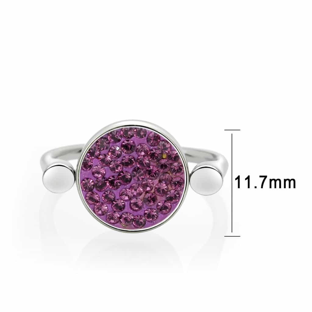 Stainless Steel Silver Purple Crystal Pave Round Disc Open Ring view 3