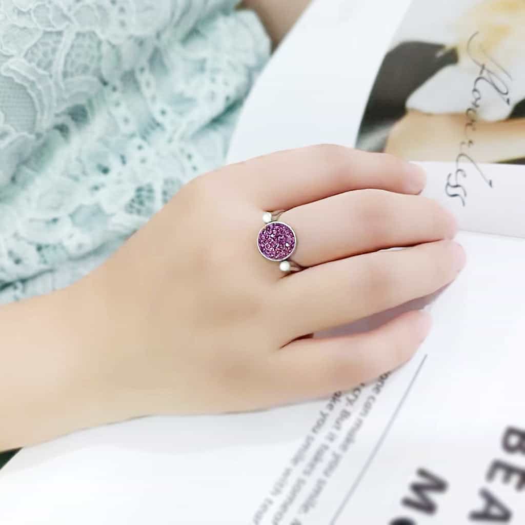 Stainless Steel Silver Purple Crystal Pave Round Disc Open Ring view 11