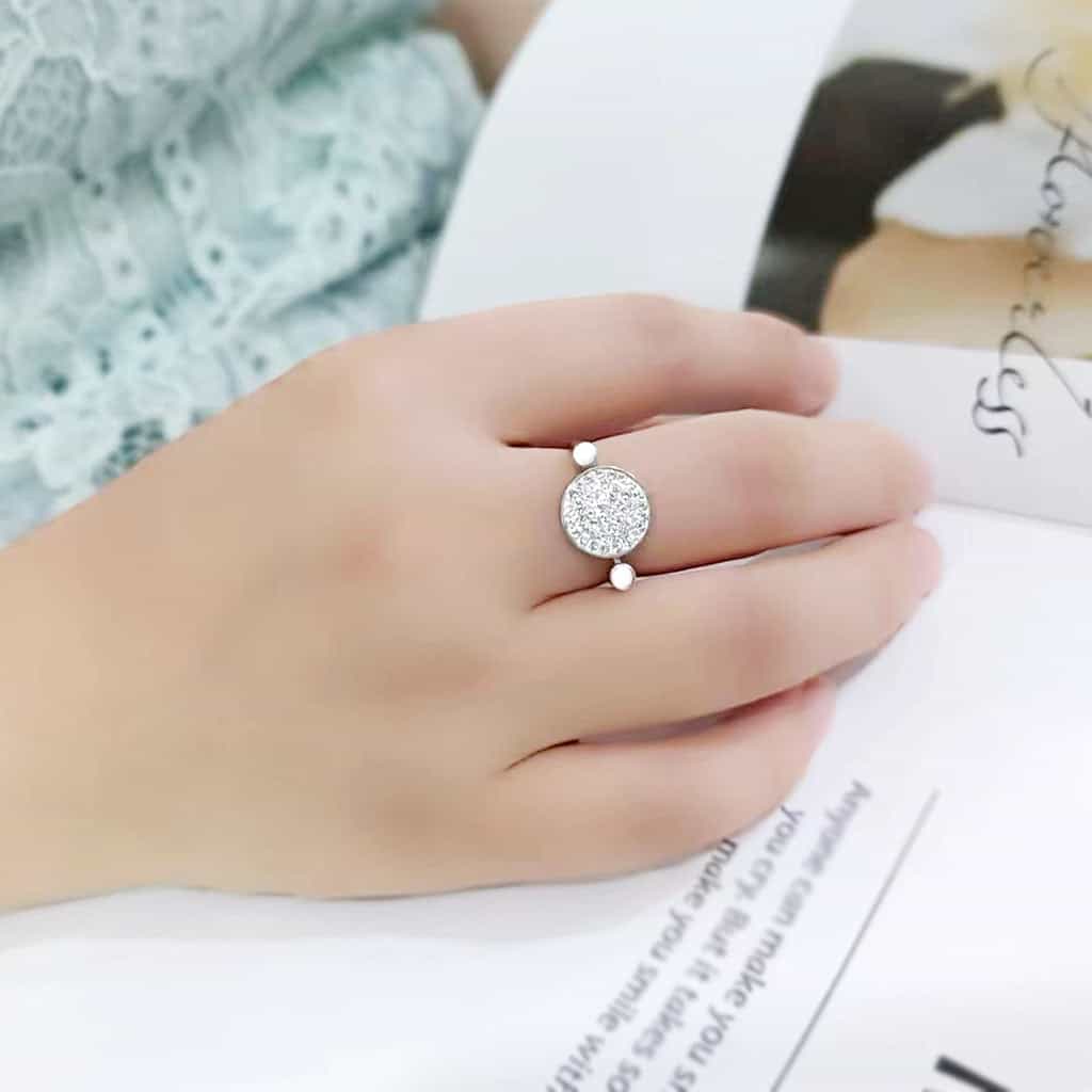 Stainless Steel Silver Clear Crystal Pave Round Disc Open Ring view 11