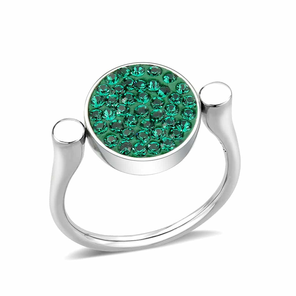 Stainless Steel Silver Emerald Green Crystal Pave Round Disc Ring view 1