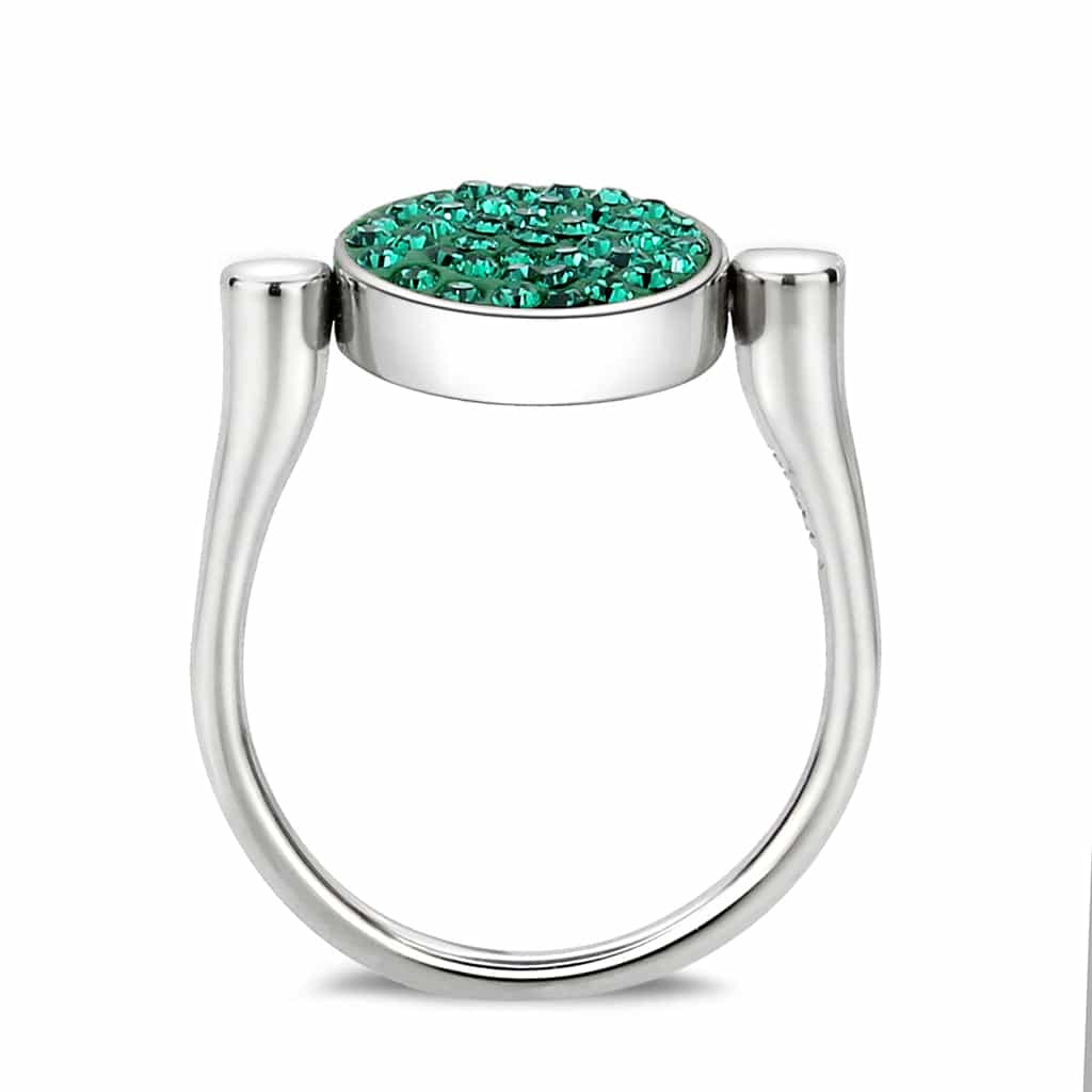 Stainless Steel Silver Emerald Green Crystal Pave Round Disc Ring view 7
