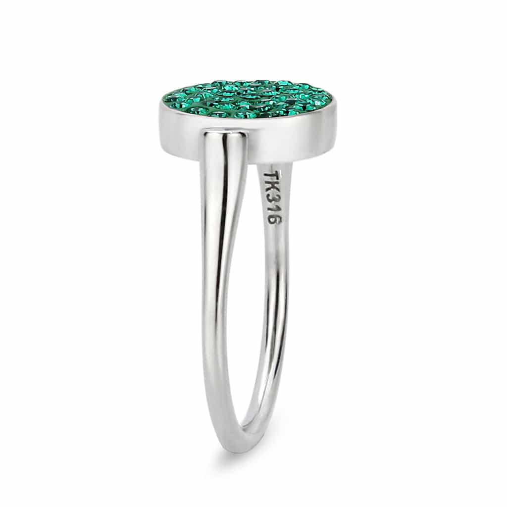 Stainless Steel Silver Emerald Green Crystal Pave Round Disc Ring view 9