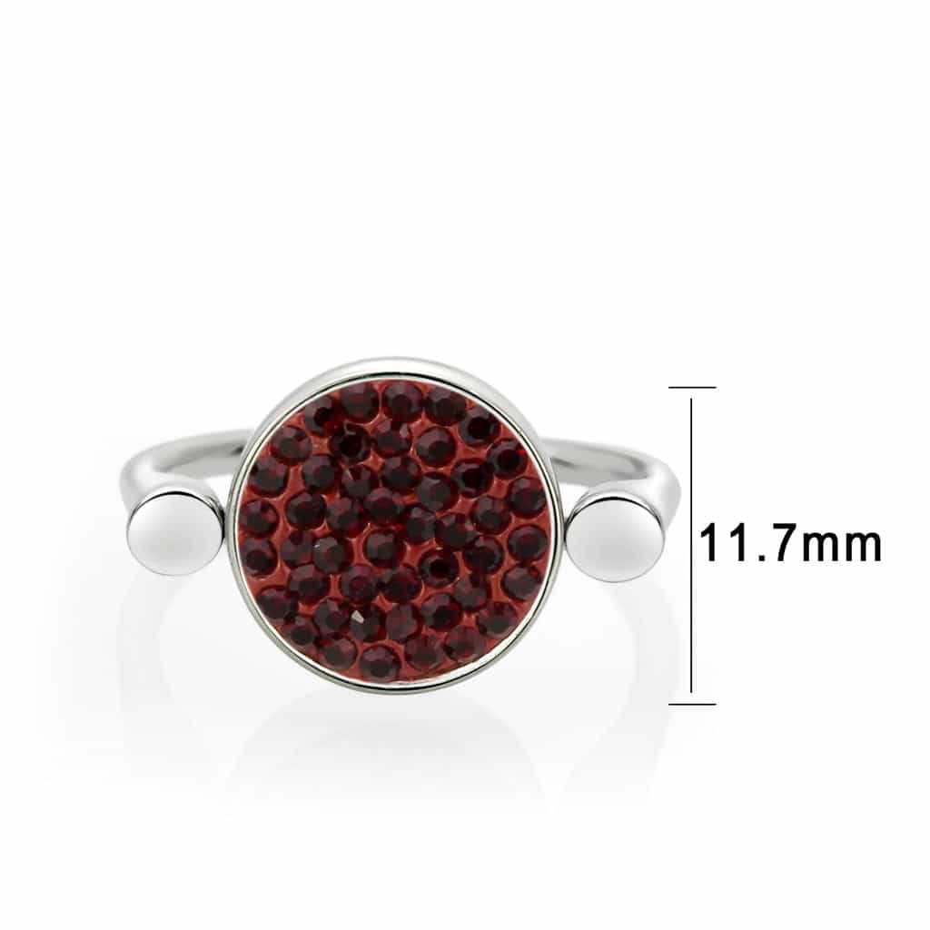 Stainless Steel Silver Dark Red Crystal Pave Round Disc Open Ring view 3