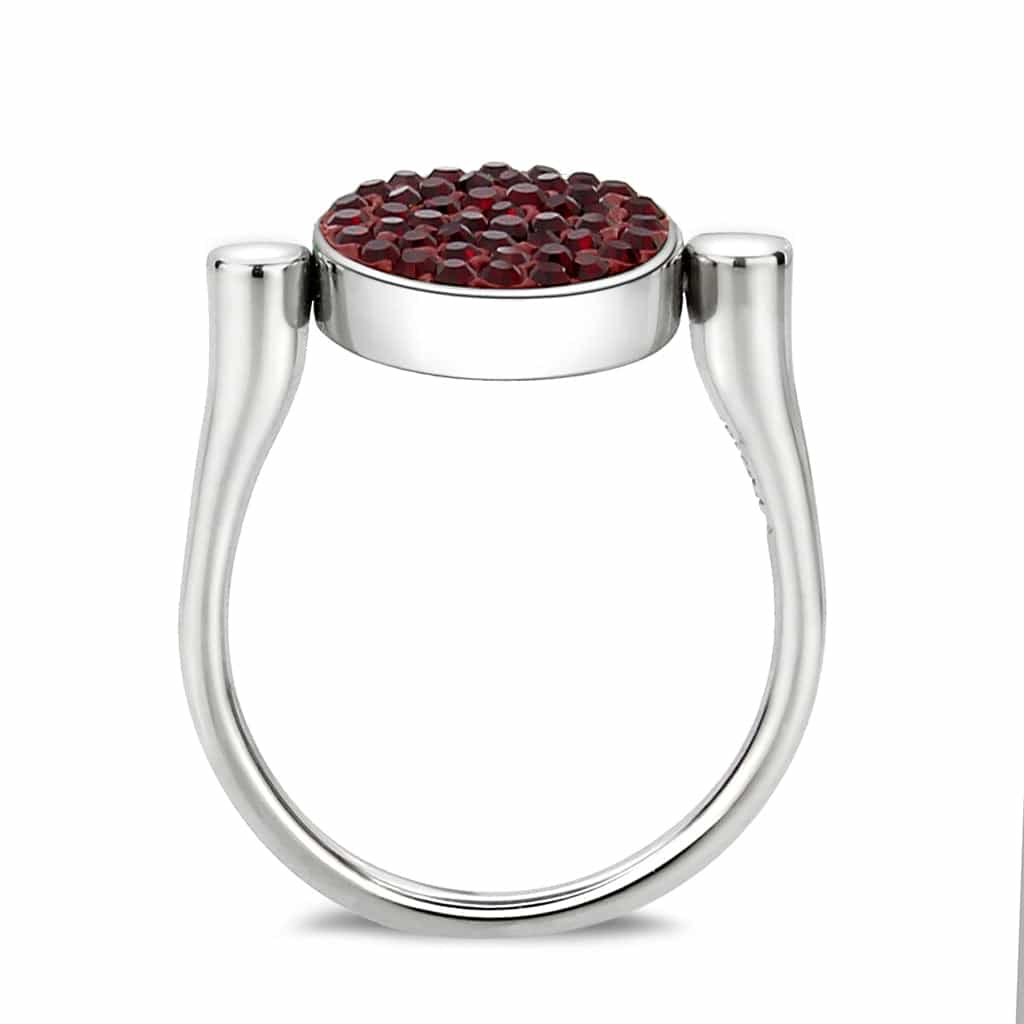 Stainless Steel Silver Dark Red Crystal Pave Round Disc Open Ring view 7