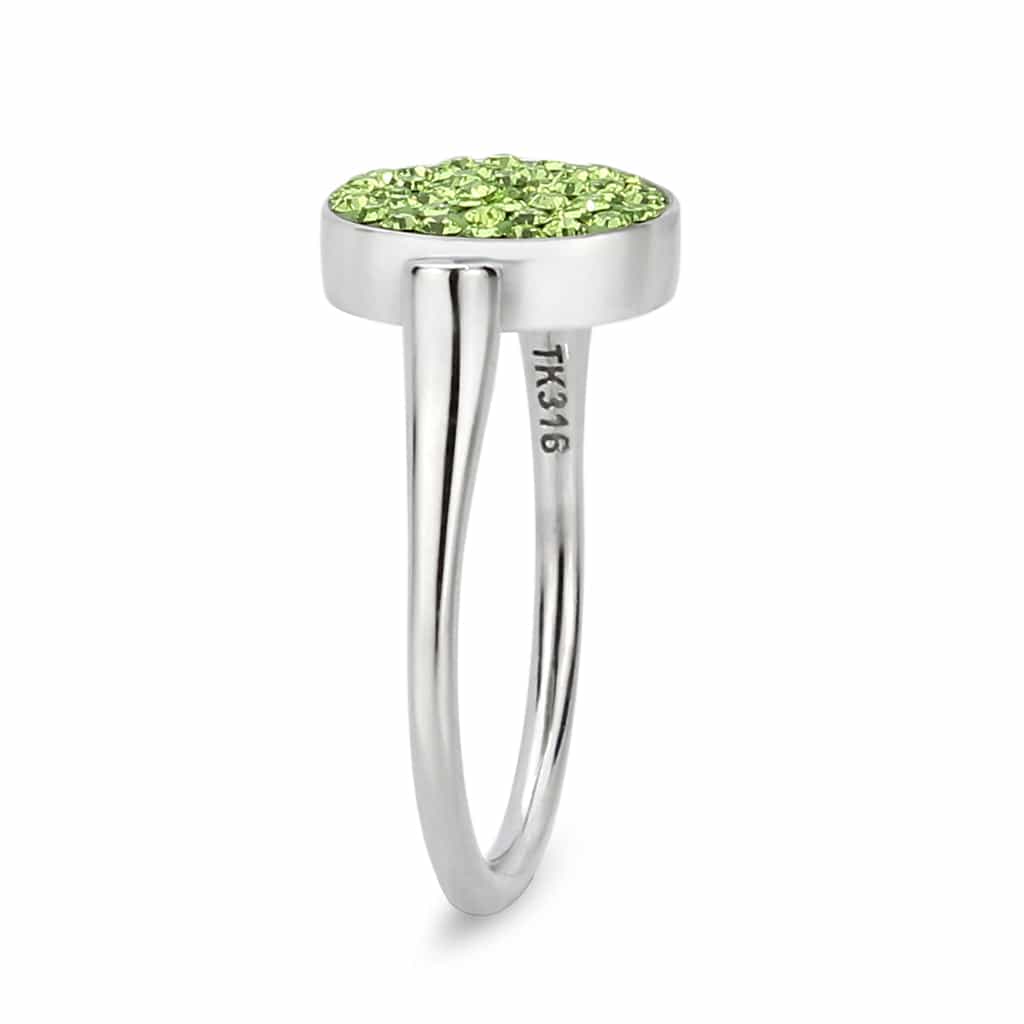 Stainless Steel Silver Peridot Green Crystal Pave Round Disc Ring view 9