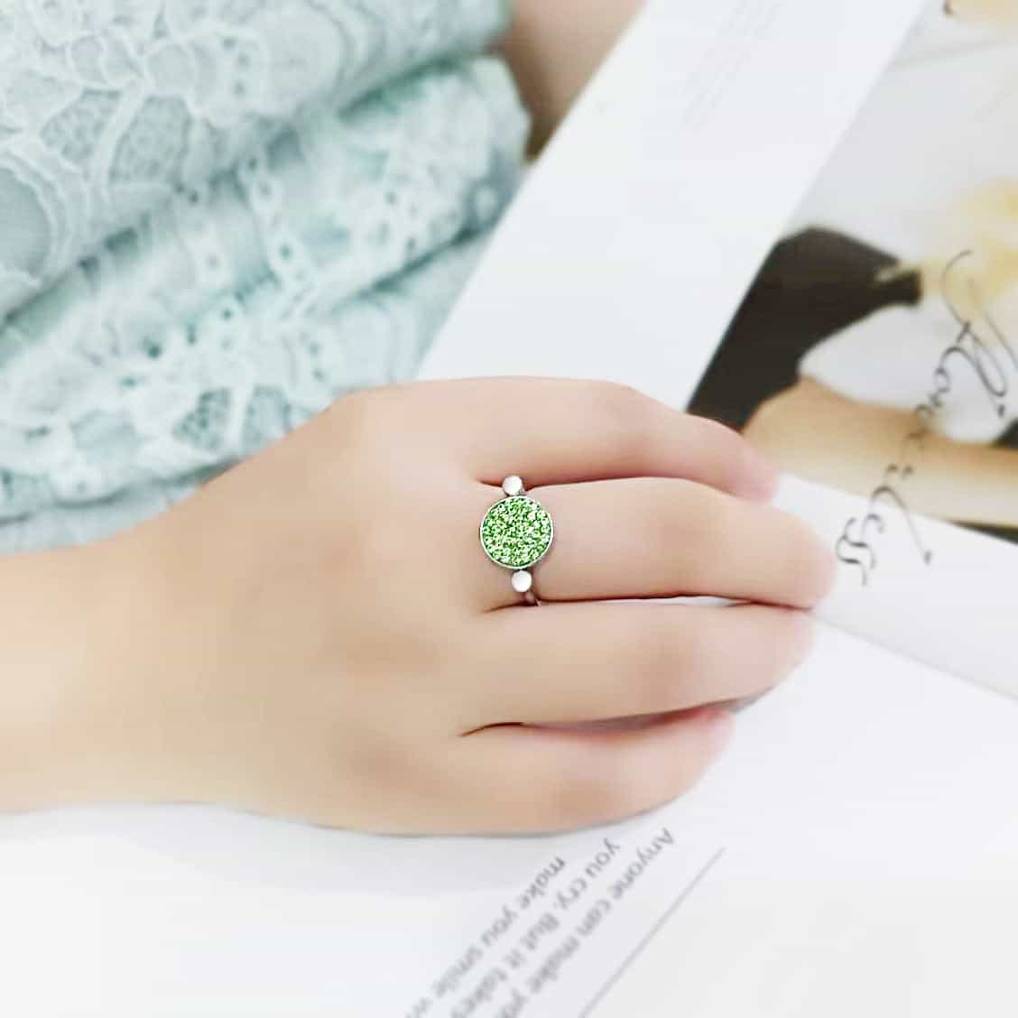 Stainless Steel Silver Peridot Green Crystal Pave Round Disc Ring view 11