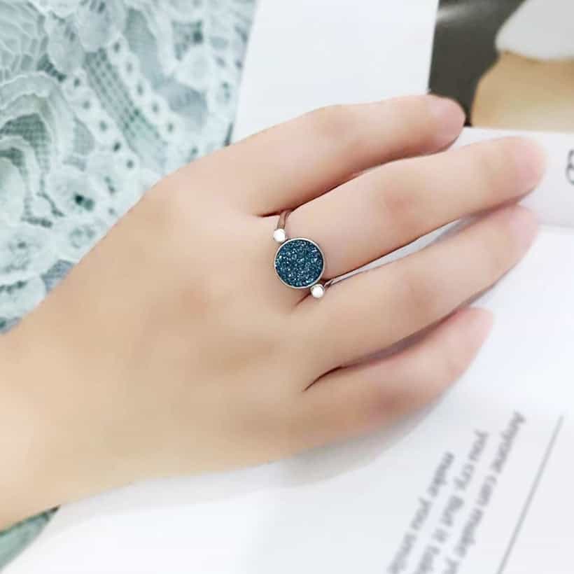 Stainless Steel Silver Montana Blue Crystal Pave Round Disc Ring view 11