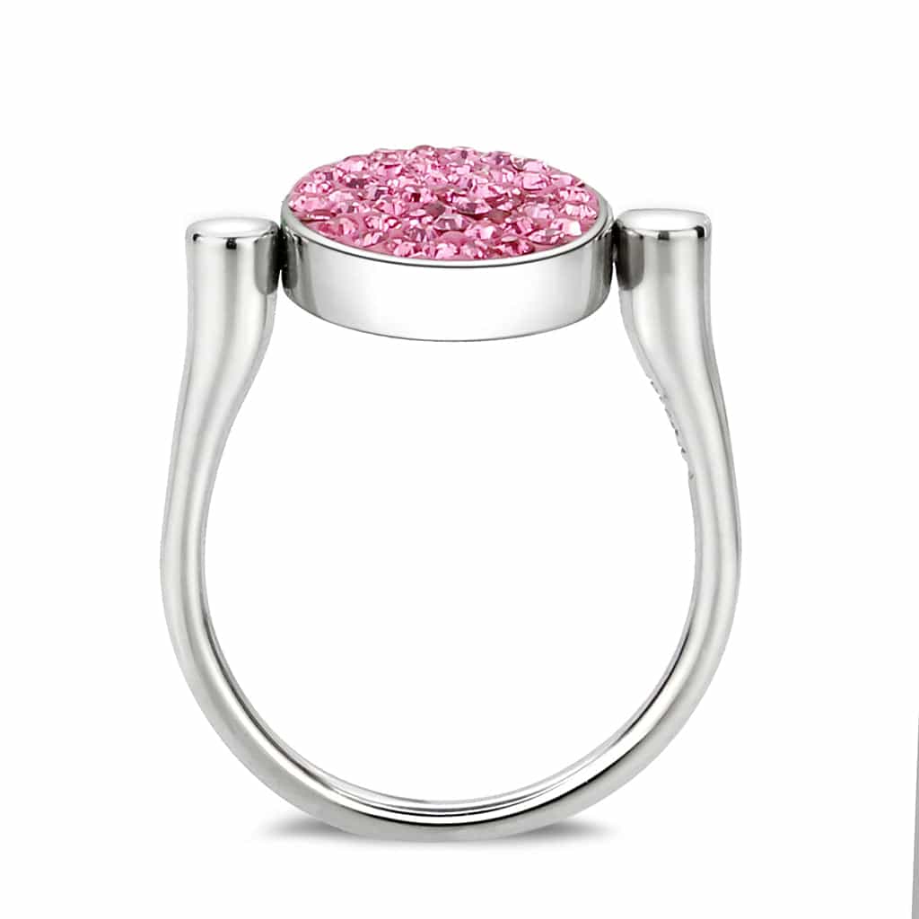 Stainless Steel Silver Rose Pink Crystal Pave Round Disc Ring view 7