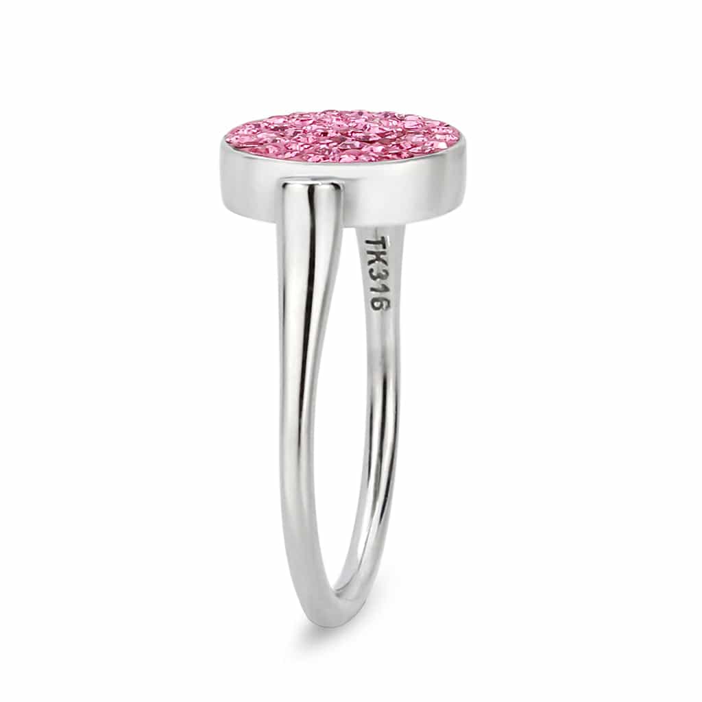 Stainless Steel Silver Rose Pink Crystal Pave Round Disc Ring view 9
