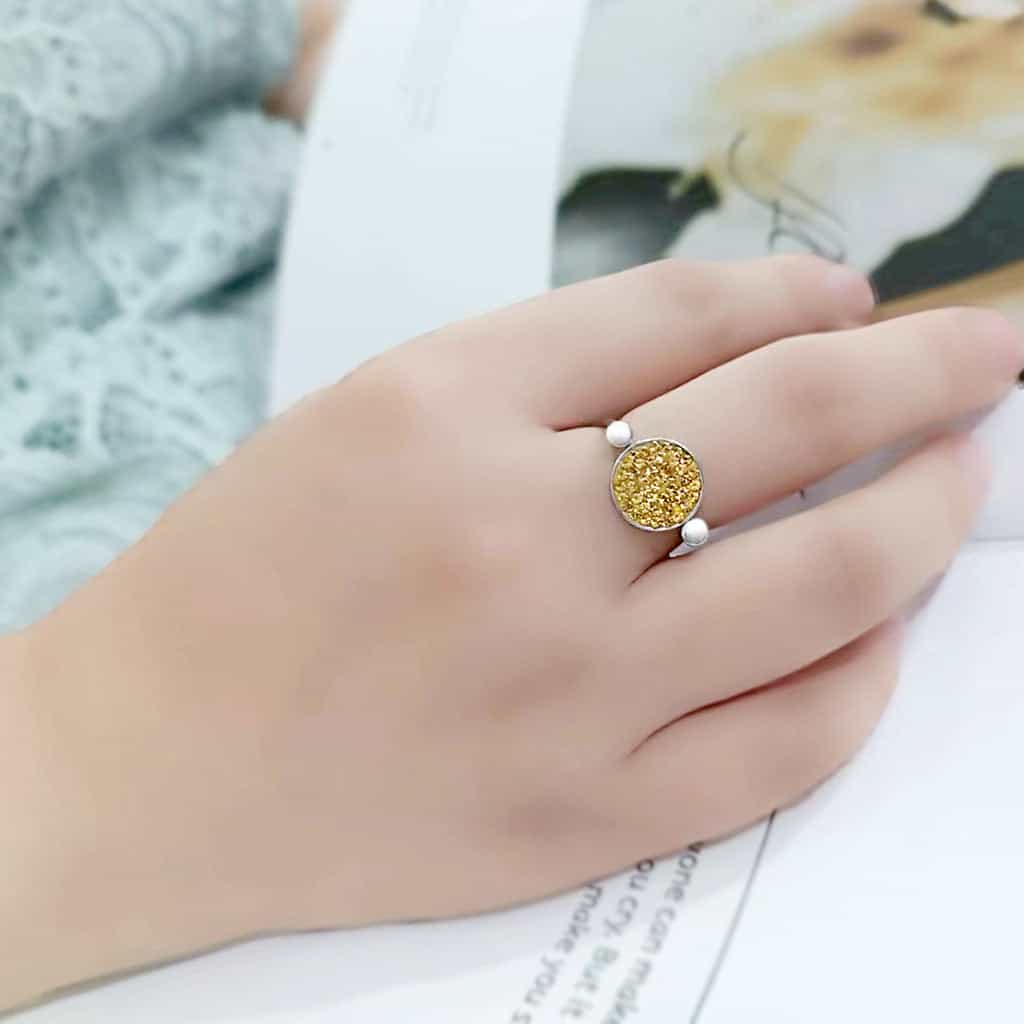 Stainless Steel Silver Golden Yellow Crystal Pave Round Disc Ring view 11