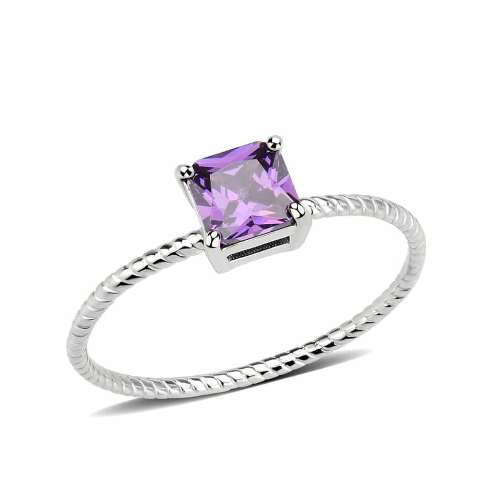 Stainless Steel Silver Amethyst CZ Princess Rope Twist Ring view 1