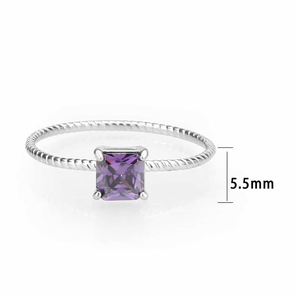 Stainless Steel Silver Amethyst CZ Princess Rope Twist Ring view 3
