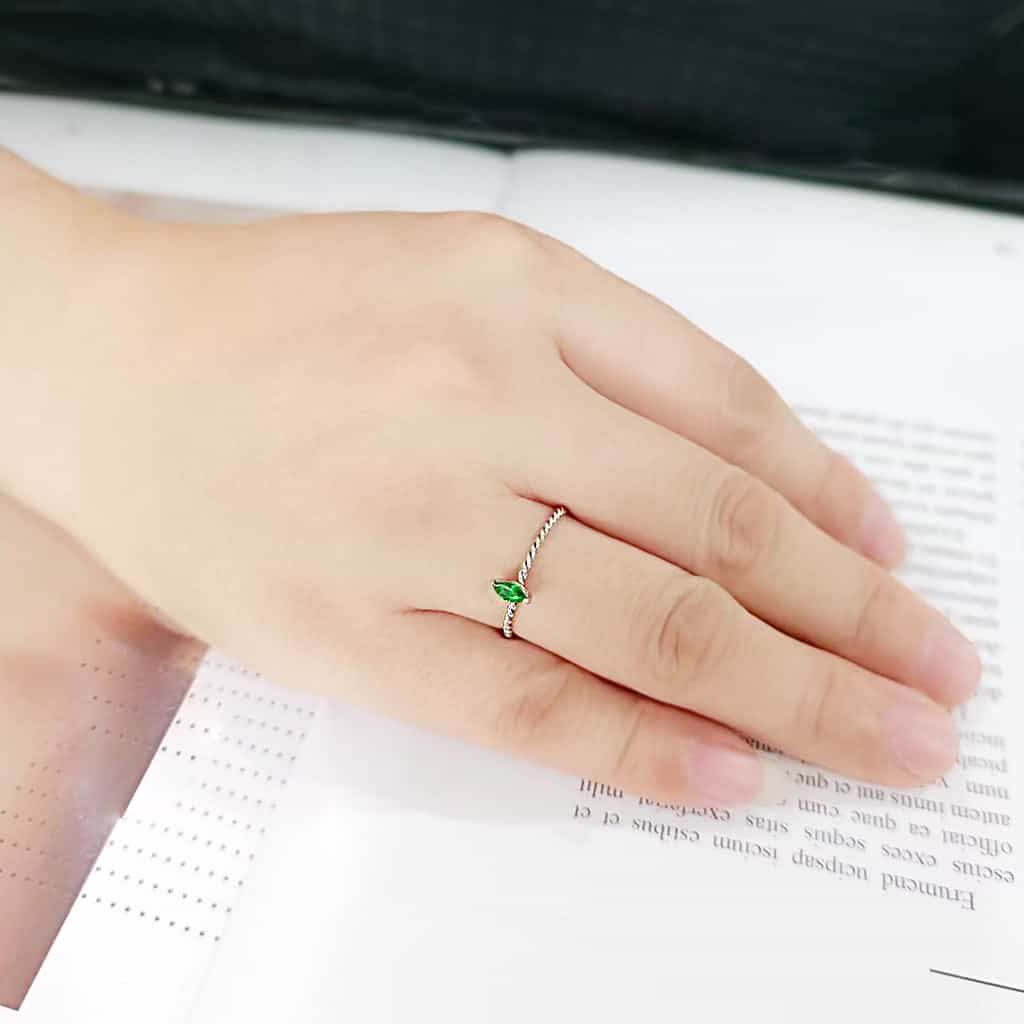 Stainless Steel Silver Emerald Green CZ Marquise Rope Twist Ring view 9