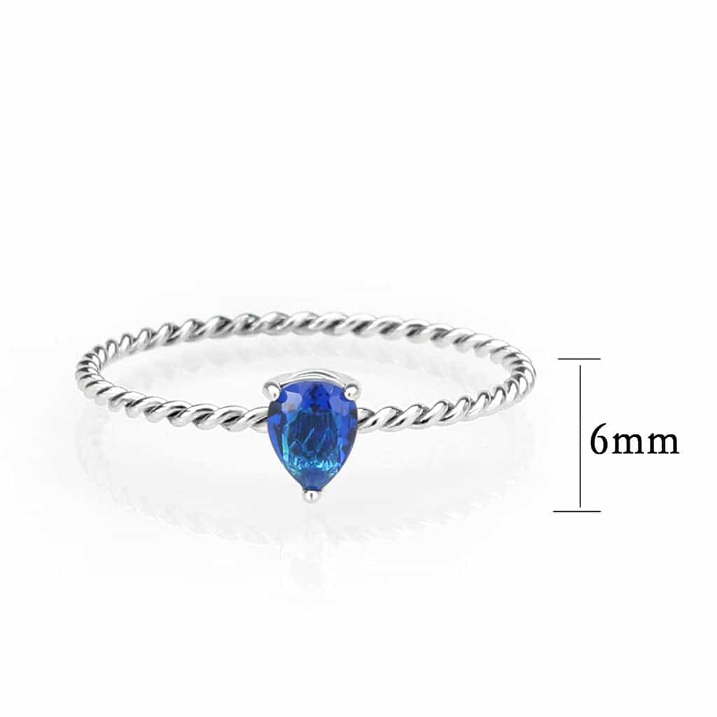 Stainless Steel Silver Blue Sapphire CZ Pear Rope Twist Ring view 3