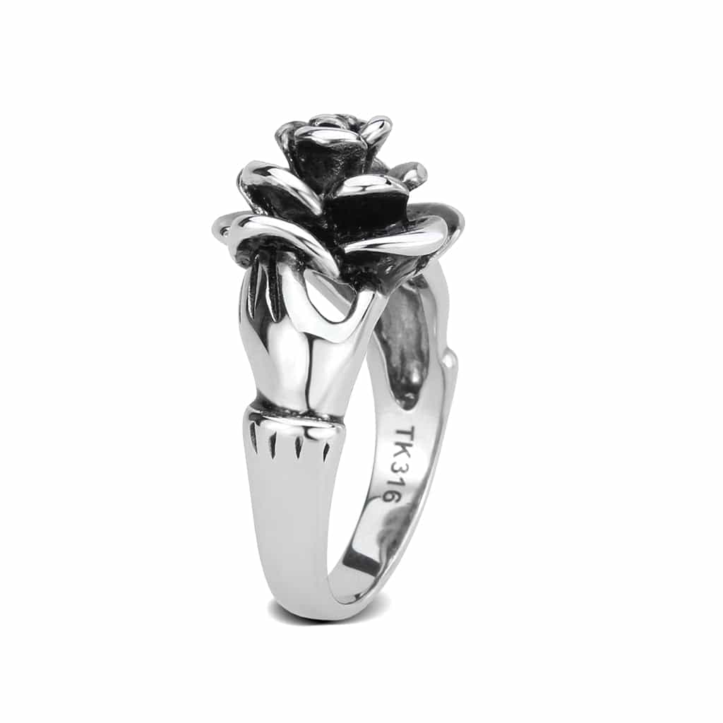 Stainless Steel Silver Polished Rose Flower Claddagh Ring view 7