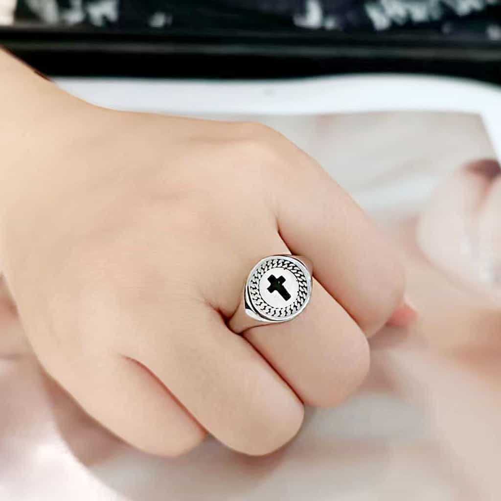 Stainless Steel Cross Enamel Chain Border Mens Signet Ring view 5