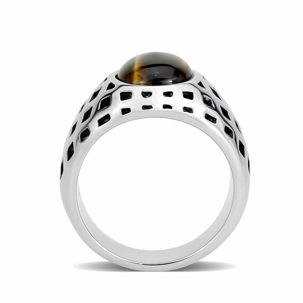 Stainless Steel Silver Tiger Eye Oval Grid Cutout Mens Ring view 5