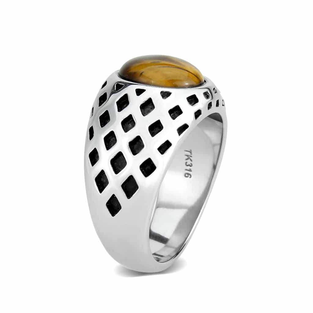 Stainless Steel Silver Tiger Eye Oval Grid Cutout Mens Ring view 7