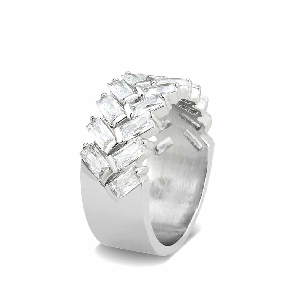 Stainless Steel Silver CZ Baguette Marquise Layered Wide Ring view 7