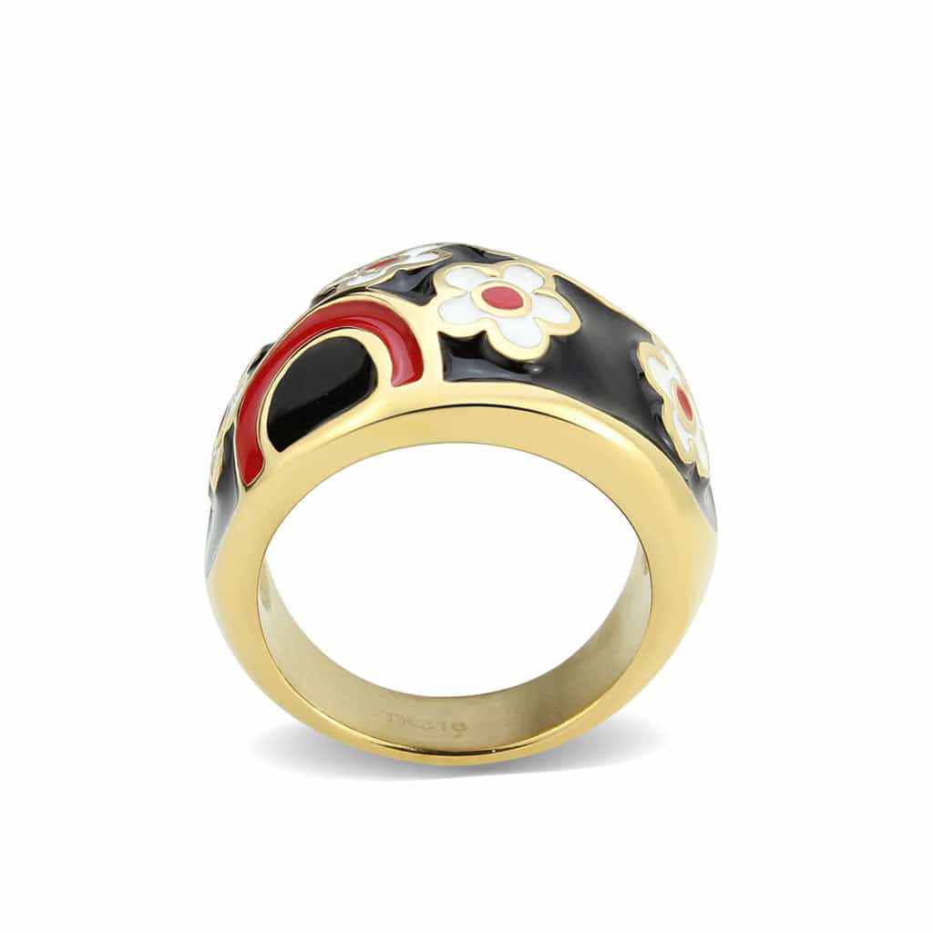 Stainless Steel Gold IP Red Black Enamel Floral Dome Ring view 5