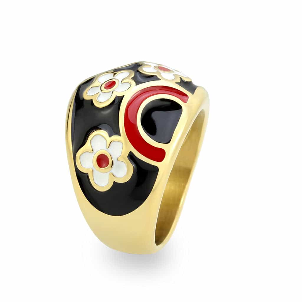 Stainless Steel Gold IP Red Black Enamel Floral Dome Ring view 7