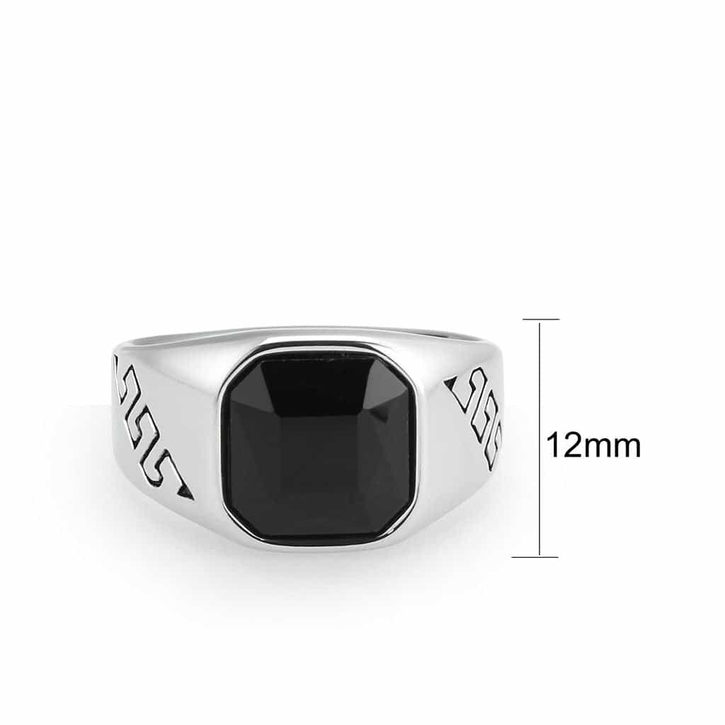 Stainless Steel Silver Black Onyx Emerald Cut Greek Key Mens Ring view 3