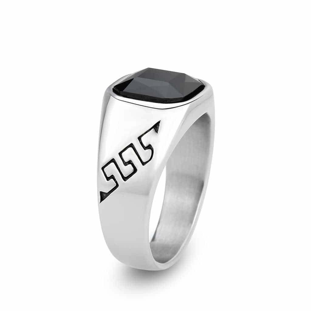 Stainless Steel Silver Black Onyx Emerald Cut Greek Key Mens Ring view 7